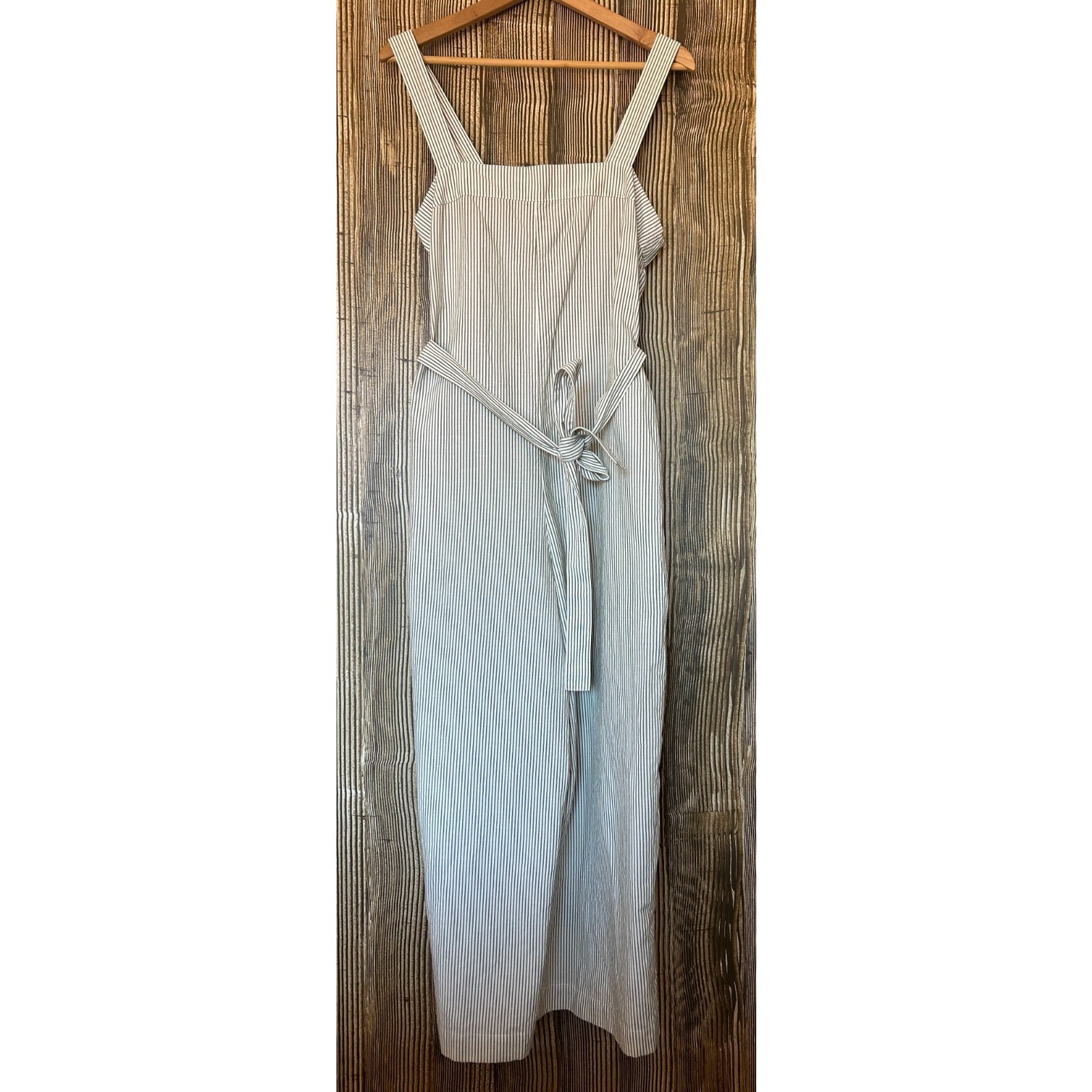 Uniqlo Square Neck Jumpsuit Linen Blend Ivory Olive Striped Wide Leg Boho Sz S