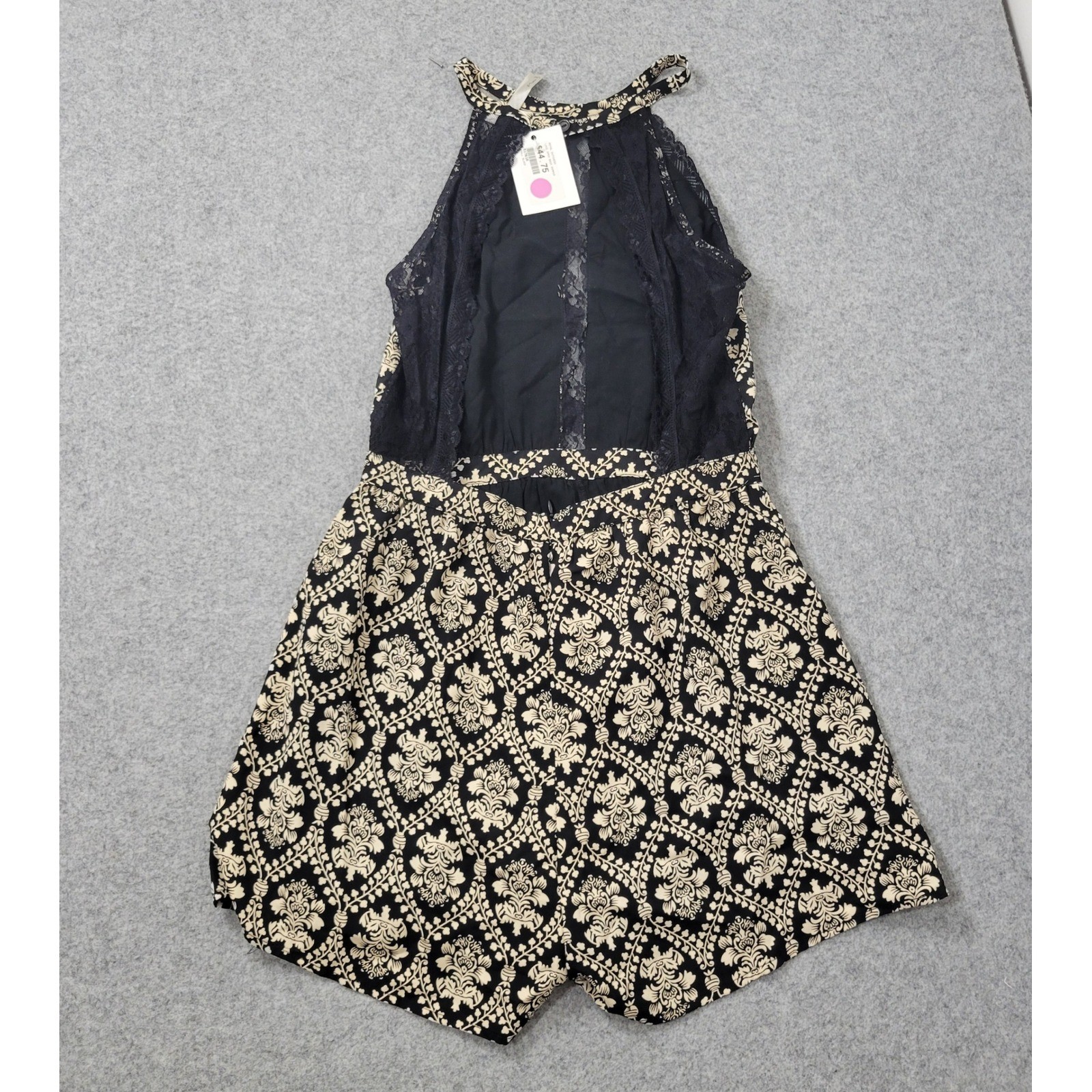 Mono B Royal Dutchess Lace Open Back Romper Small Black Cream Damask Print NWT