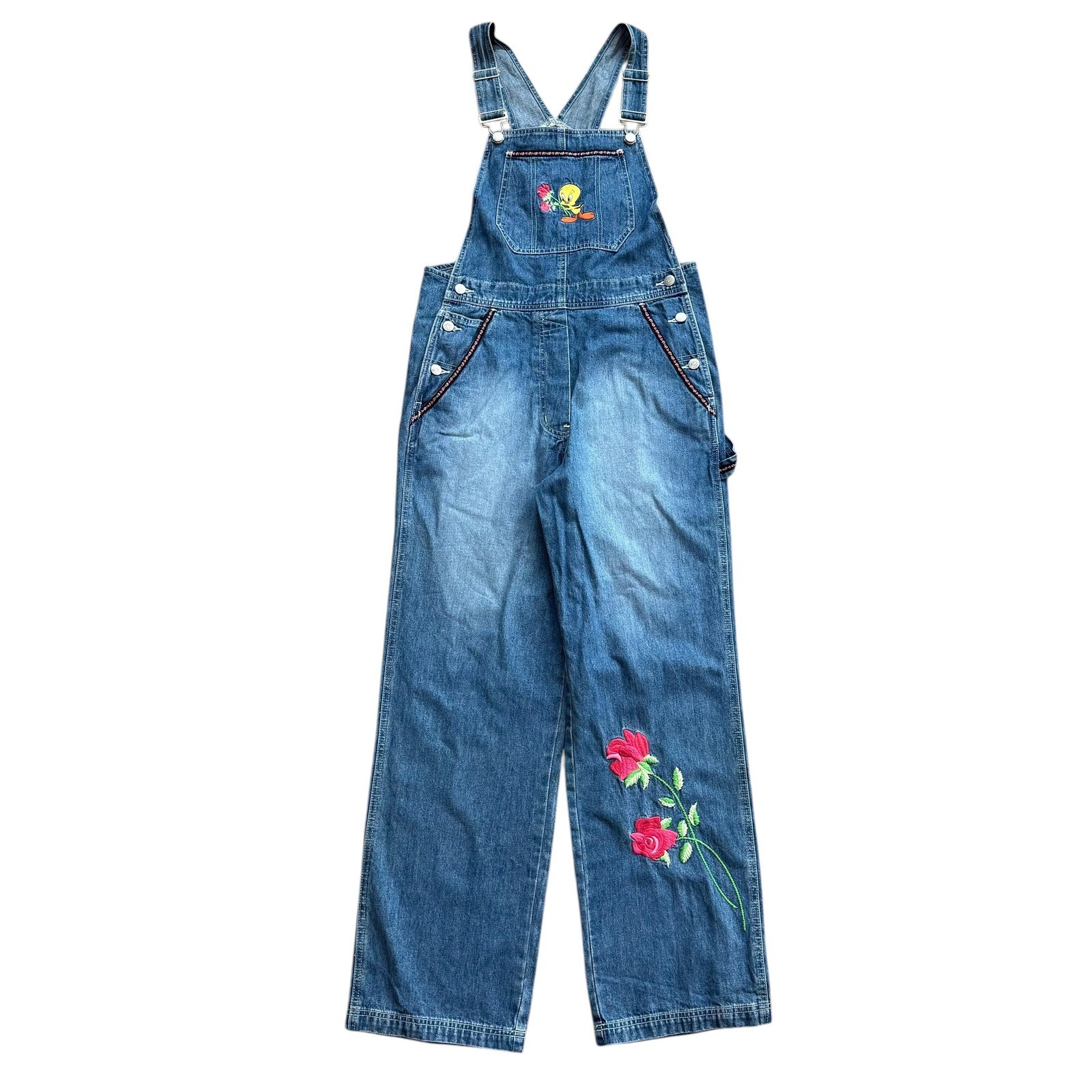 Vintage Warner Bros Tweety Bird Embroidered Denim Overalls XS Wide Leg 90s WB