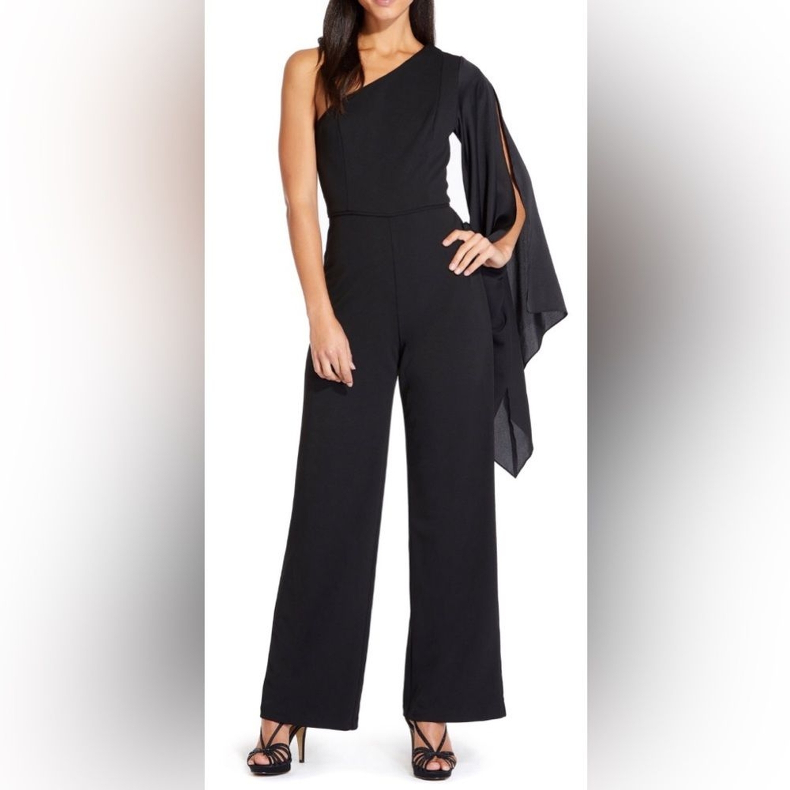 Adrianna Papell Size 8 Black 1 Arm Shoulder Long Sleeve Scarf Wide Leg Jumpsuit