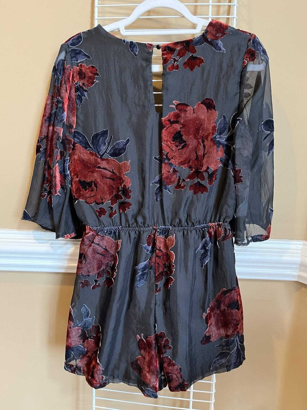 As U Wish Women’s Black Romper with flowers ,Bell Sleeve. Size S. B5