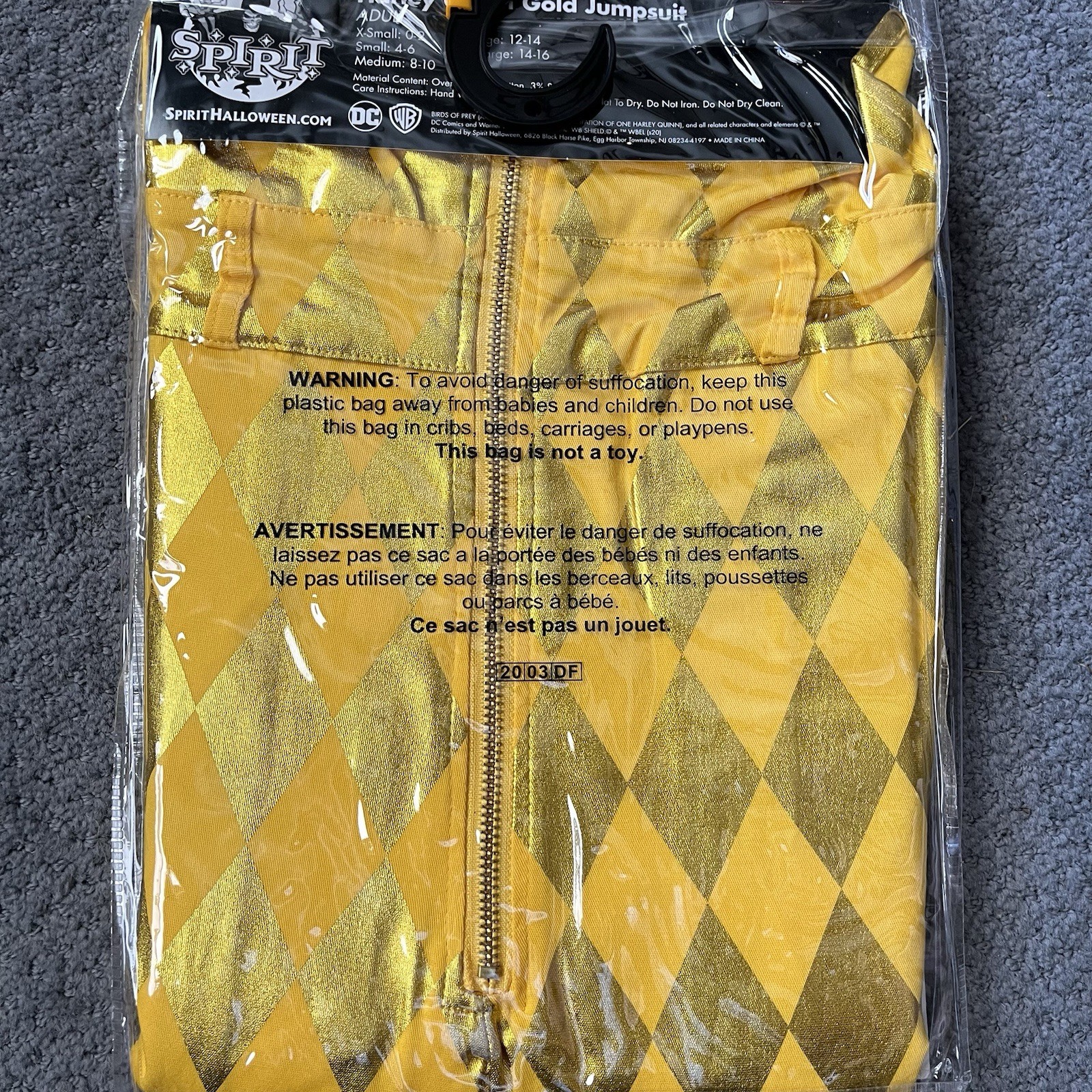 Birds of Prey Harley Quinn Gold Diamond Pattern Overall Jumpsuit Womens Size S