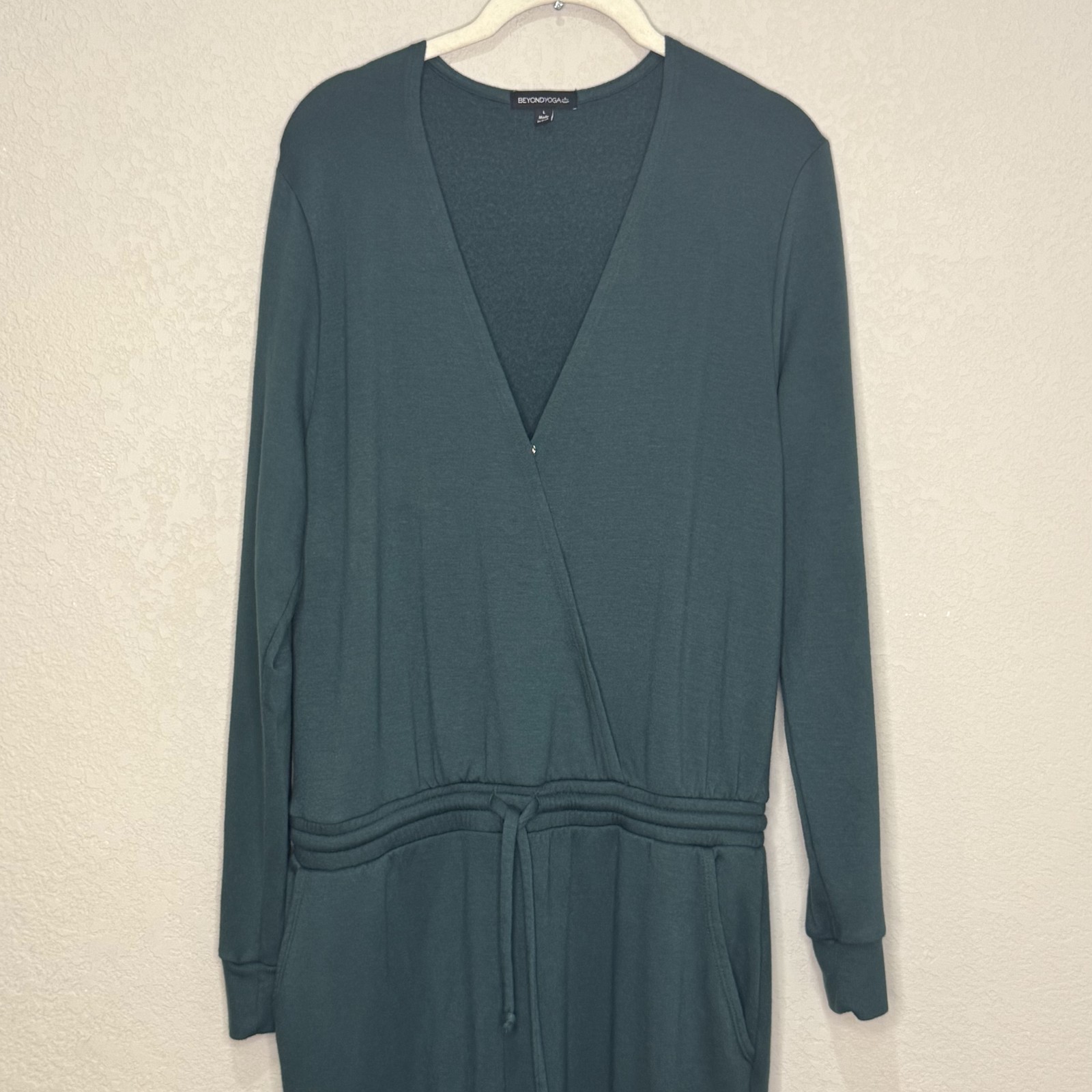 Beyond Yoga Overlapping Fleecw Jumpsuit Large Green Drawstring Waist Pockets