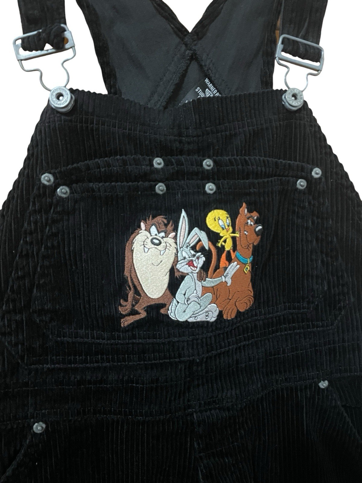 VTG Looney Tunes Skater Overalls Black Corduroy Scooby Doo Taz 90’s Women’s M/L