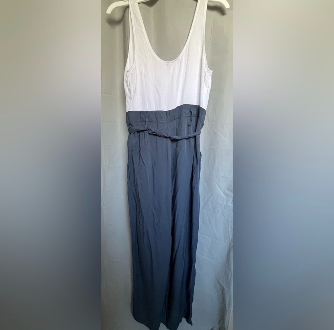 Shinestar – Blue & White Waist Belt Pant Jumpsuit Size Small