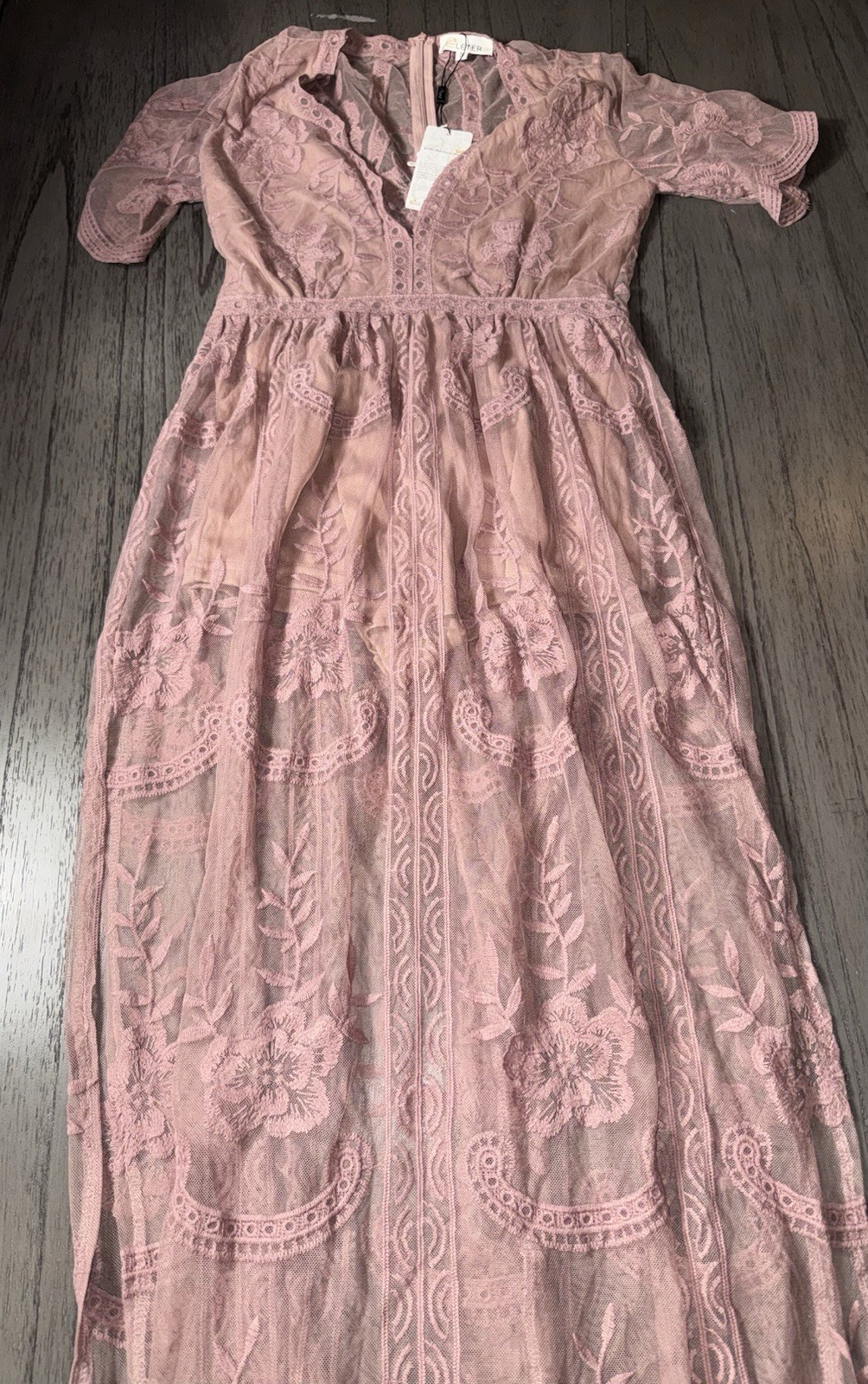 Eleter Lace Romper Maxi Dress Size S Deep V Sheer Dusty Rose Festival Boho