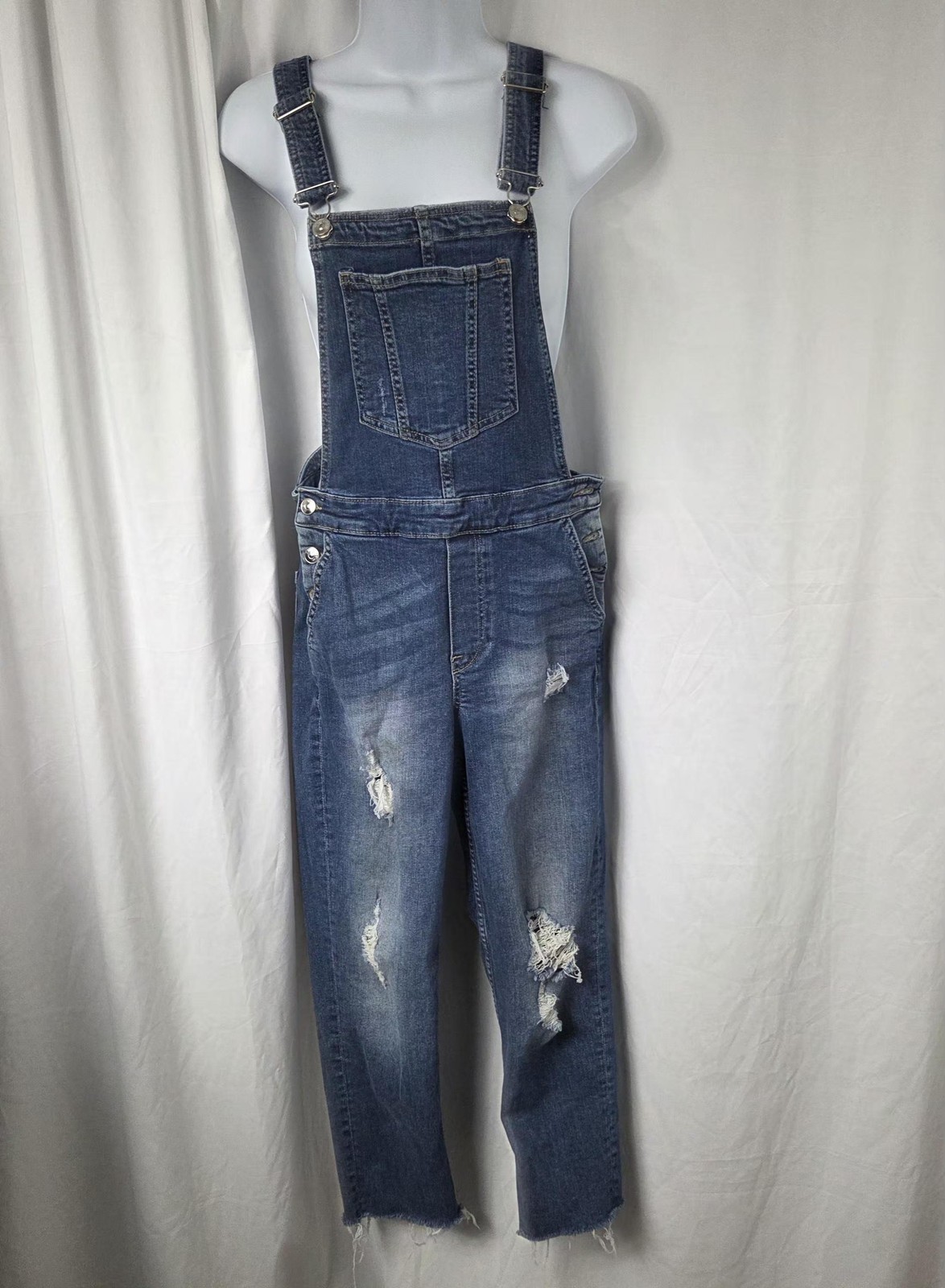 H&M Overalls Womens 4 Blue Denim Distressed Ripped Bib Raw Hem Divided Casual