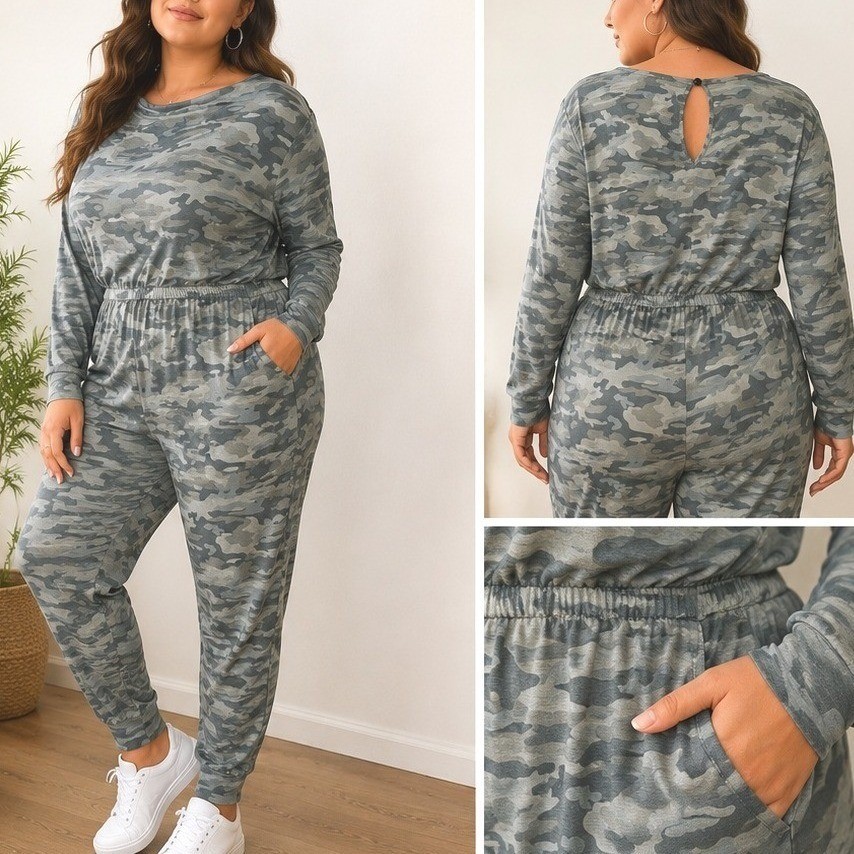 PrettyGarden Womens Camo Long Sleeve Elastic Waist Jumpsuit XL Green Gray