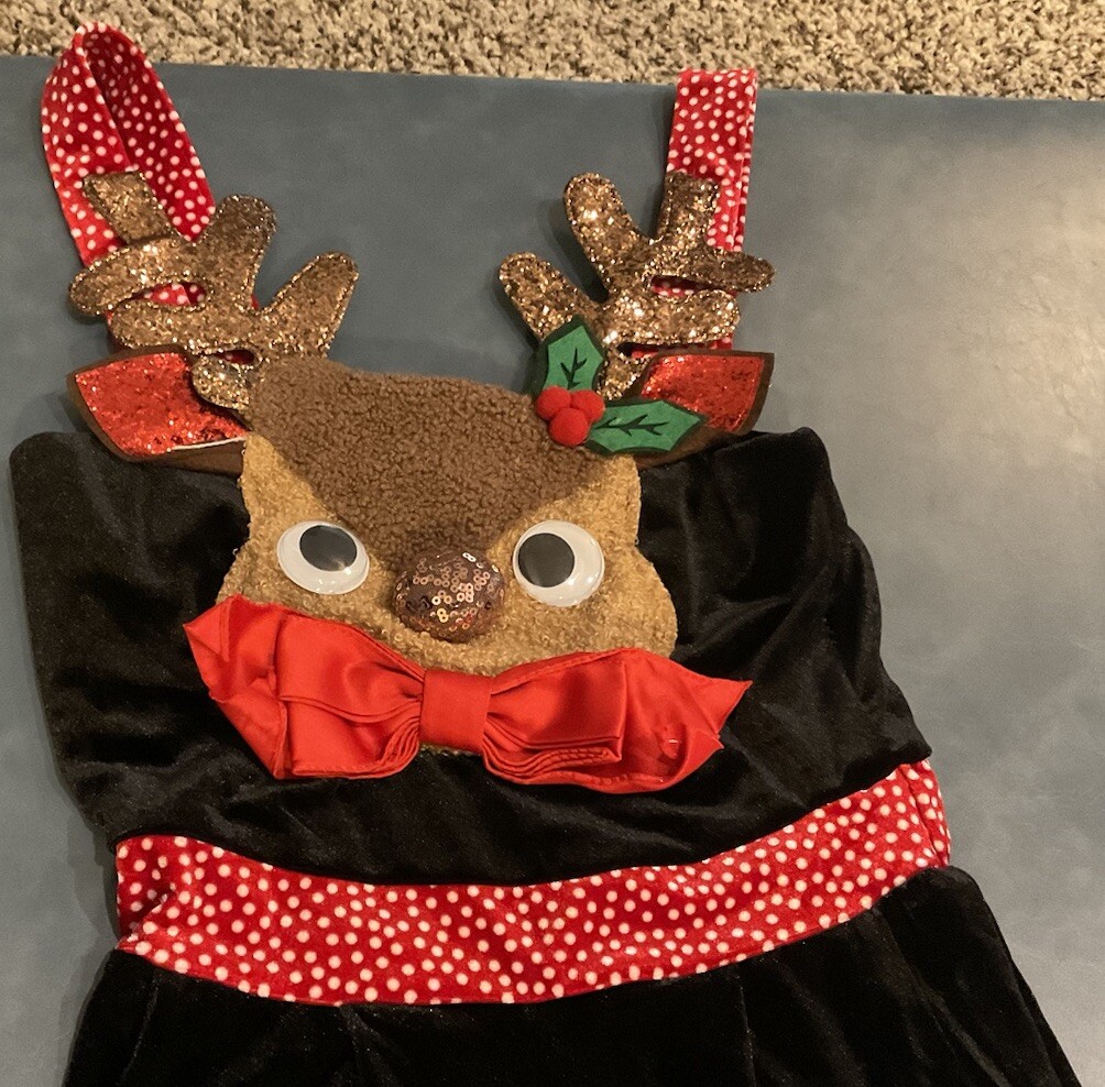 Love On A Hanger Women’s XS Multicolored Reindeer Red Bow Christmas Jumpsuit NEW