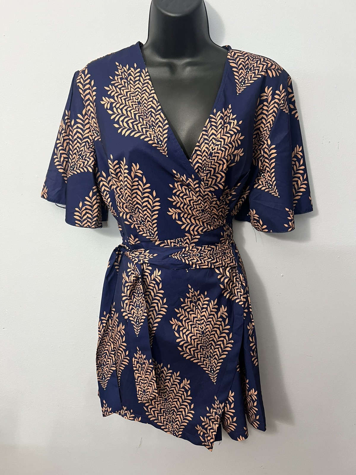 SHEIN Romper Large Blue w/Floral Romper V-Neck Wrap w Tie waist