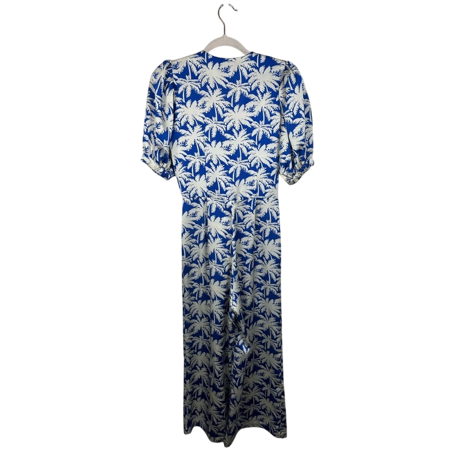 ALEXIS Avari Blue Palm Jumpsuit Size Small GUC Tropical Satin Blue and White