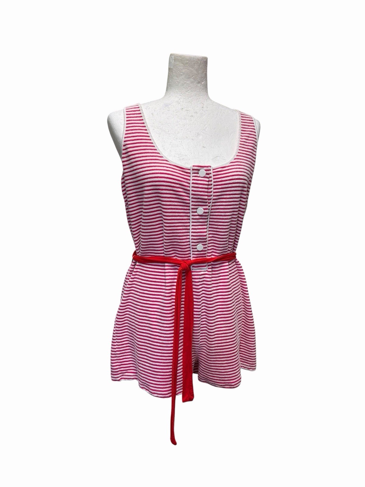 Solid & Striped French Terry Cloth Romper Beach Pink White Red Retro Medium