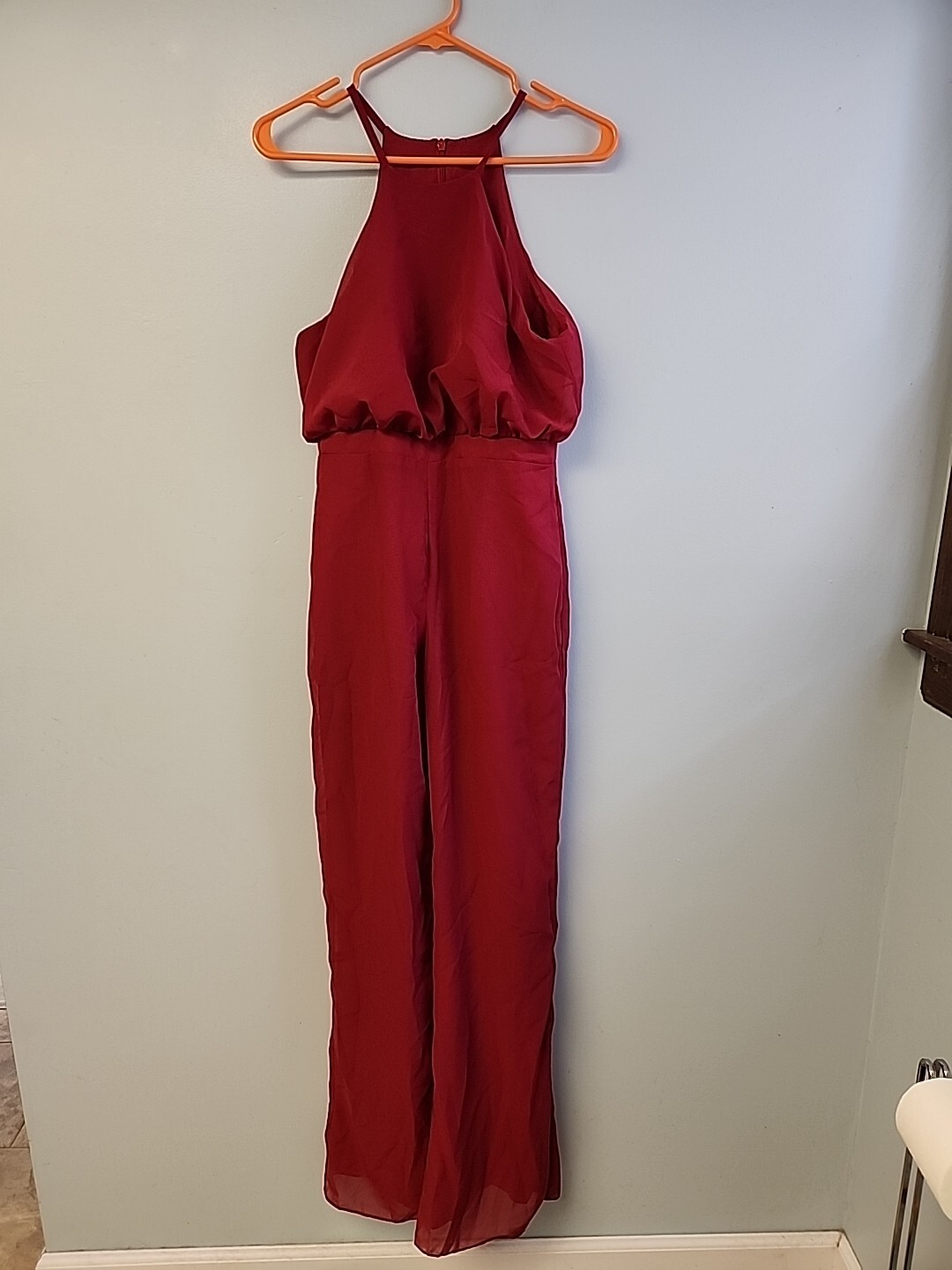 JJ’s House Burgundy Chiffon Full Length Halter Top Jumpsuit Dress Sz 2 NWT