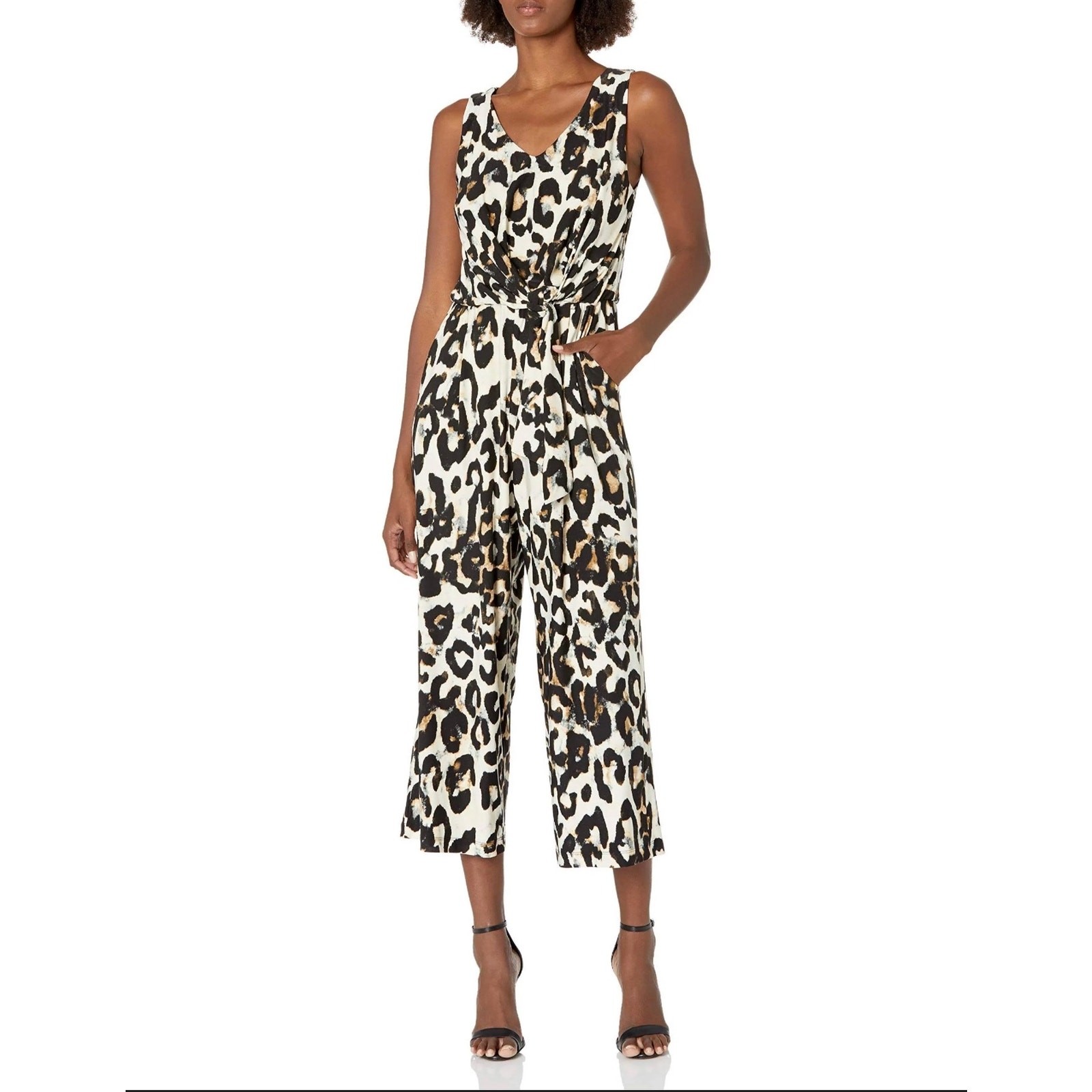 Karen Kane Black Brown Leopard Animal Print Pants Romper Tie Front Jumpsuit XS
