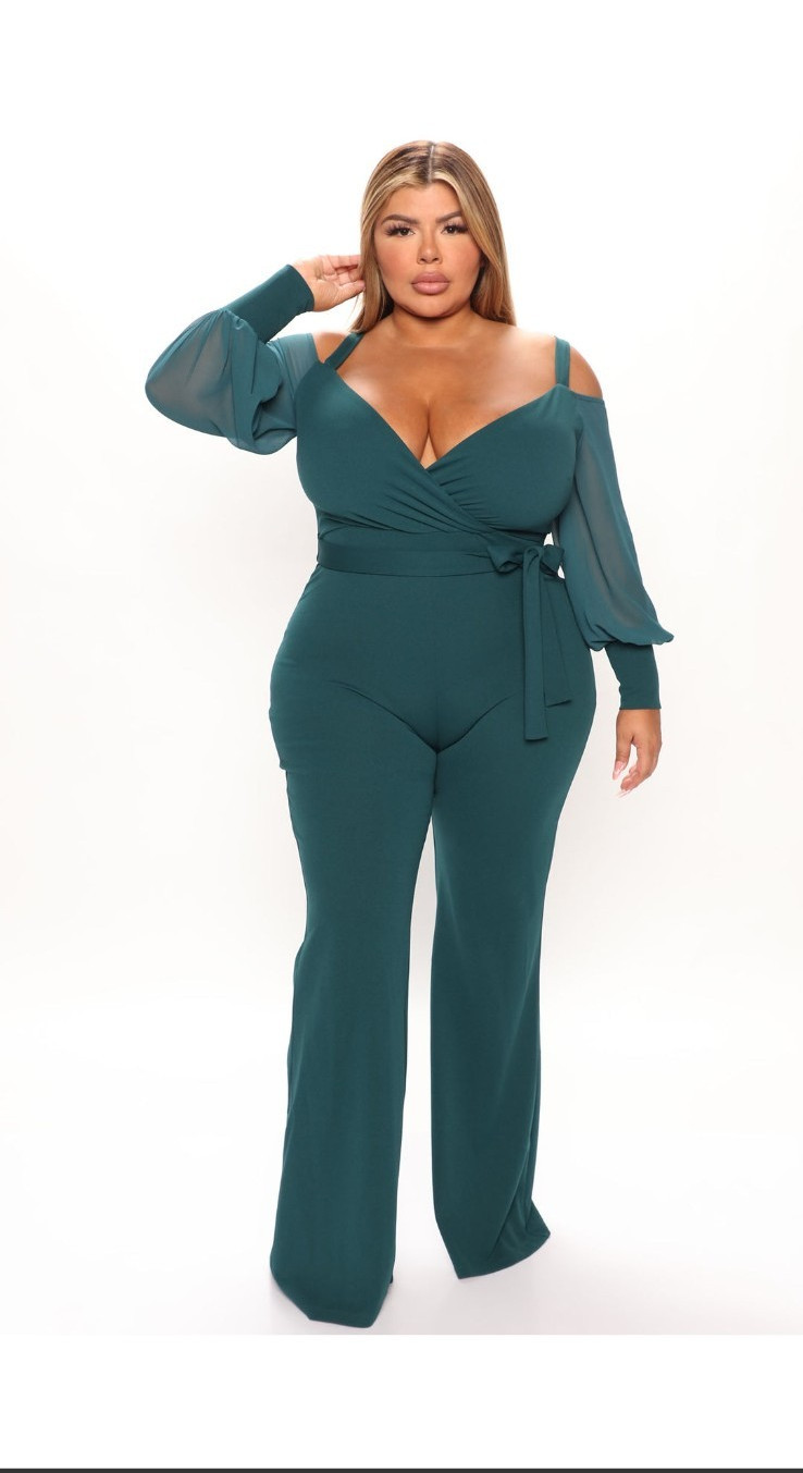 Women’s Plus S Green Solid Mesh V-Neck Cold Shoulder Wide-Leg Tie Jumpsuit