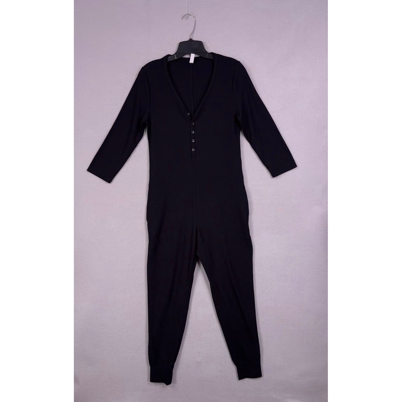Athleta Jumpsuit Womens Small Black Solid Waffle Knit Henley Pajama Loungewear