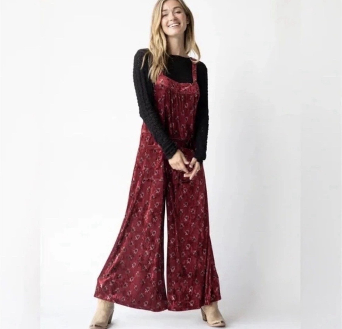 Natural Life Dakota Velvet Wide Leg Overall Cranberry XL Floral Cottagecore