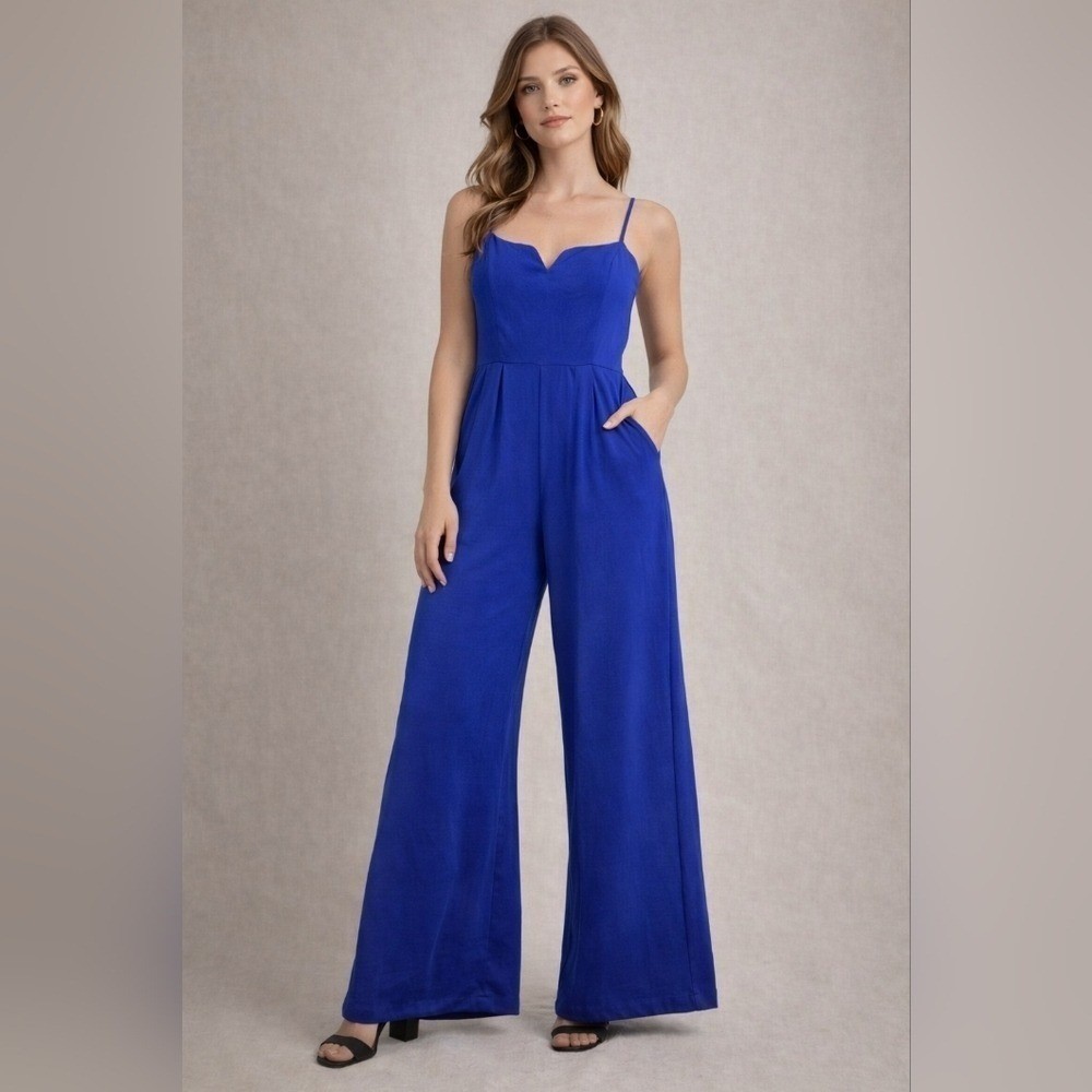 Monteau Jumpsuit Women Medium Royal Blue Wide Leg Sweetheart Smocked Back Pocket