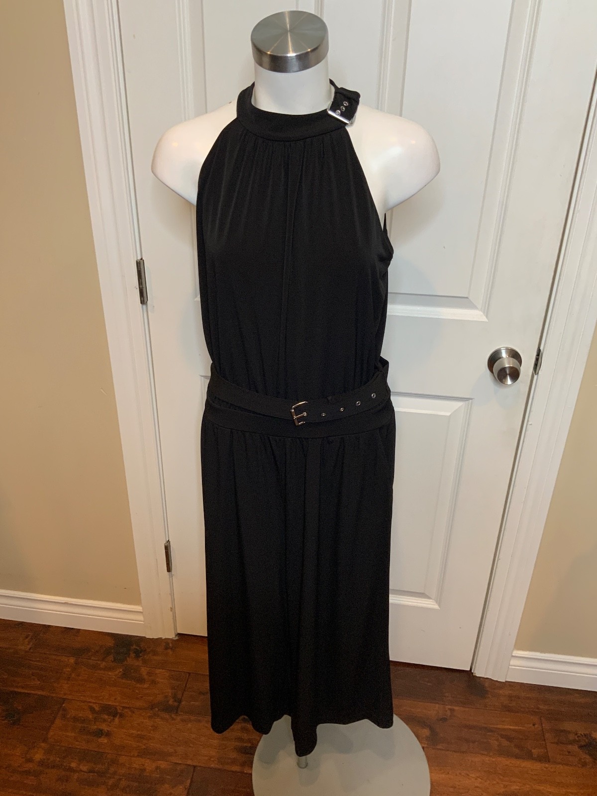 Michael Kors Black Cropped Belted Jumpsuit W/Silver Buckle Neckline, Size P/M