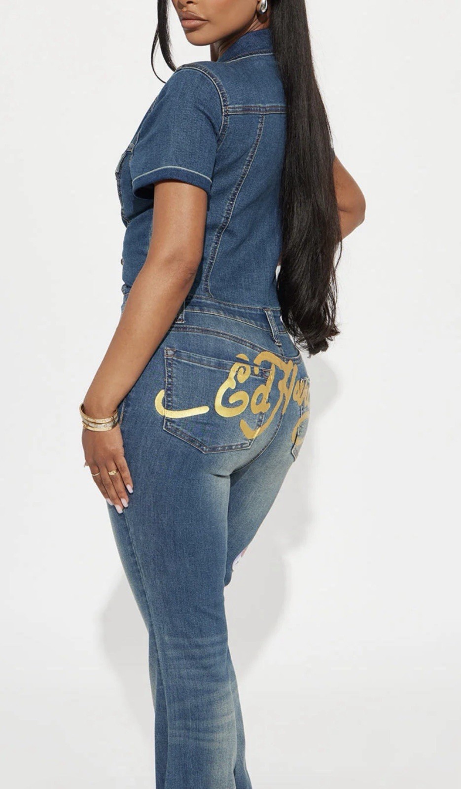 Fashion Nova Ed Hardy NYC Denim Medium Wash Jumpsuit Sz 1X