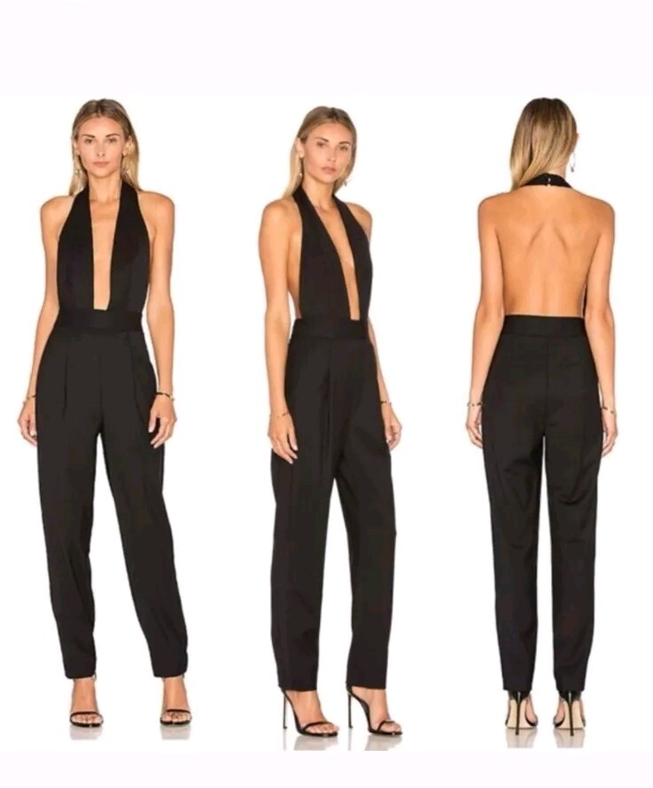 Milly Gabardine Halter High Rise, Open Back Black Jumpsuit SZ 0