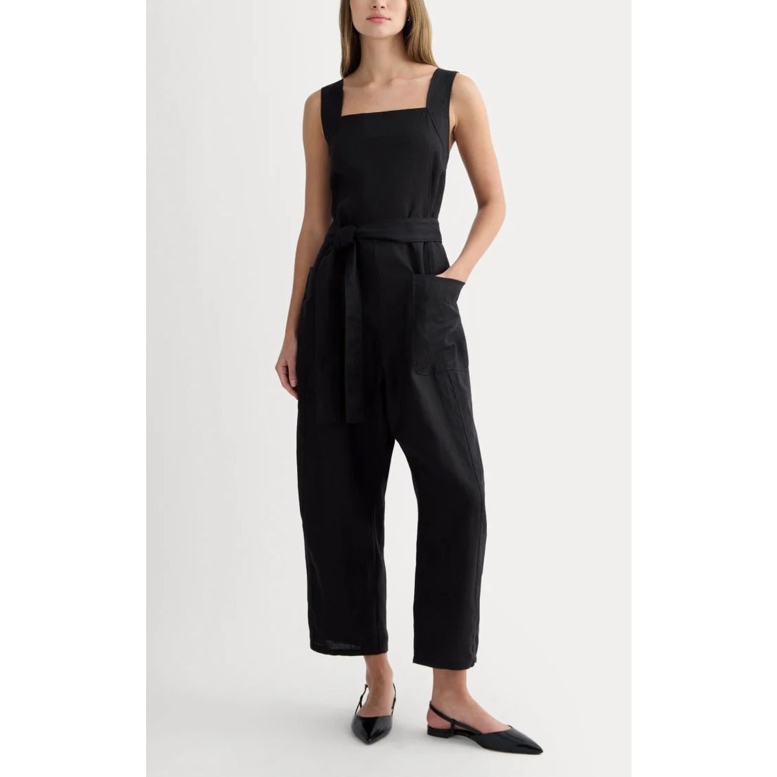 Everlane The Utility Linen Square-Neckline Black Romper Jumpsuit Size 16 NWT