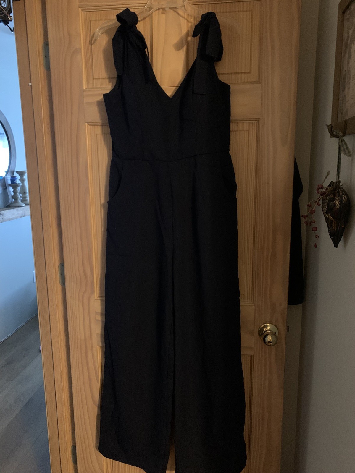 Francesca’s Audrey Parks Navy Blue Tie Shoulder Wide Leg Jumpsuit Size L