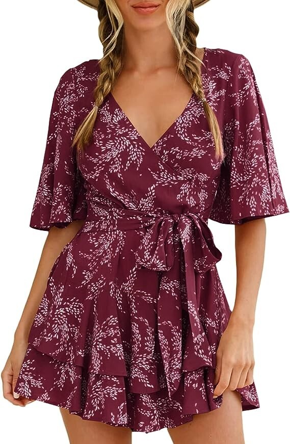 AIMCOO Women’s Short Flared Sleeve Romper V-Neck Floral Dress-look Wine Red XL 