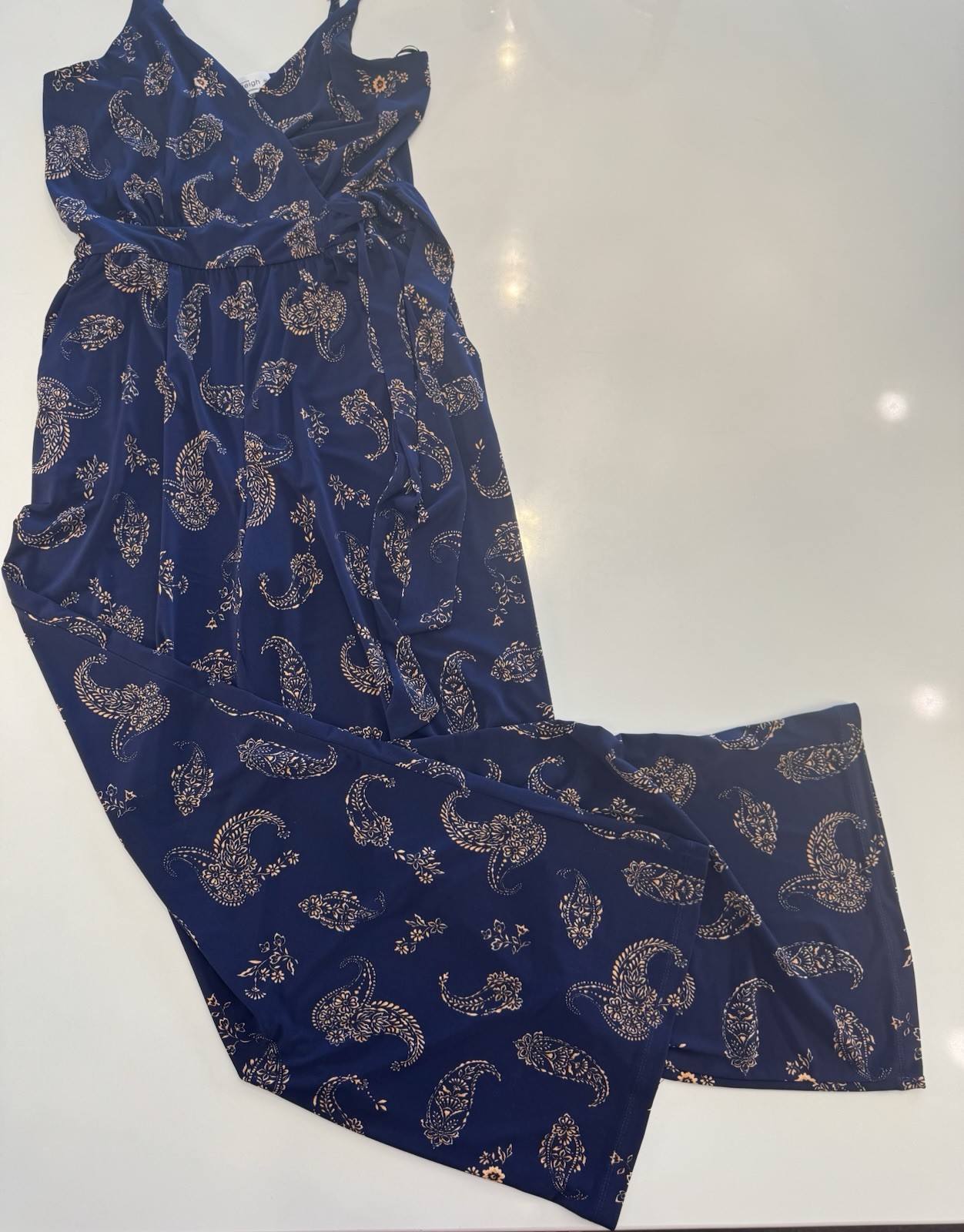 Kaileigh Blue Paisley Wide-Leg Jumpsuit V-Neck Adjustable Straps 27″ M