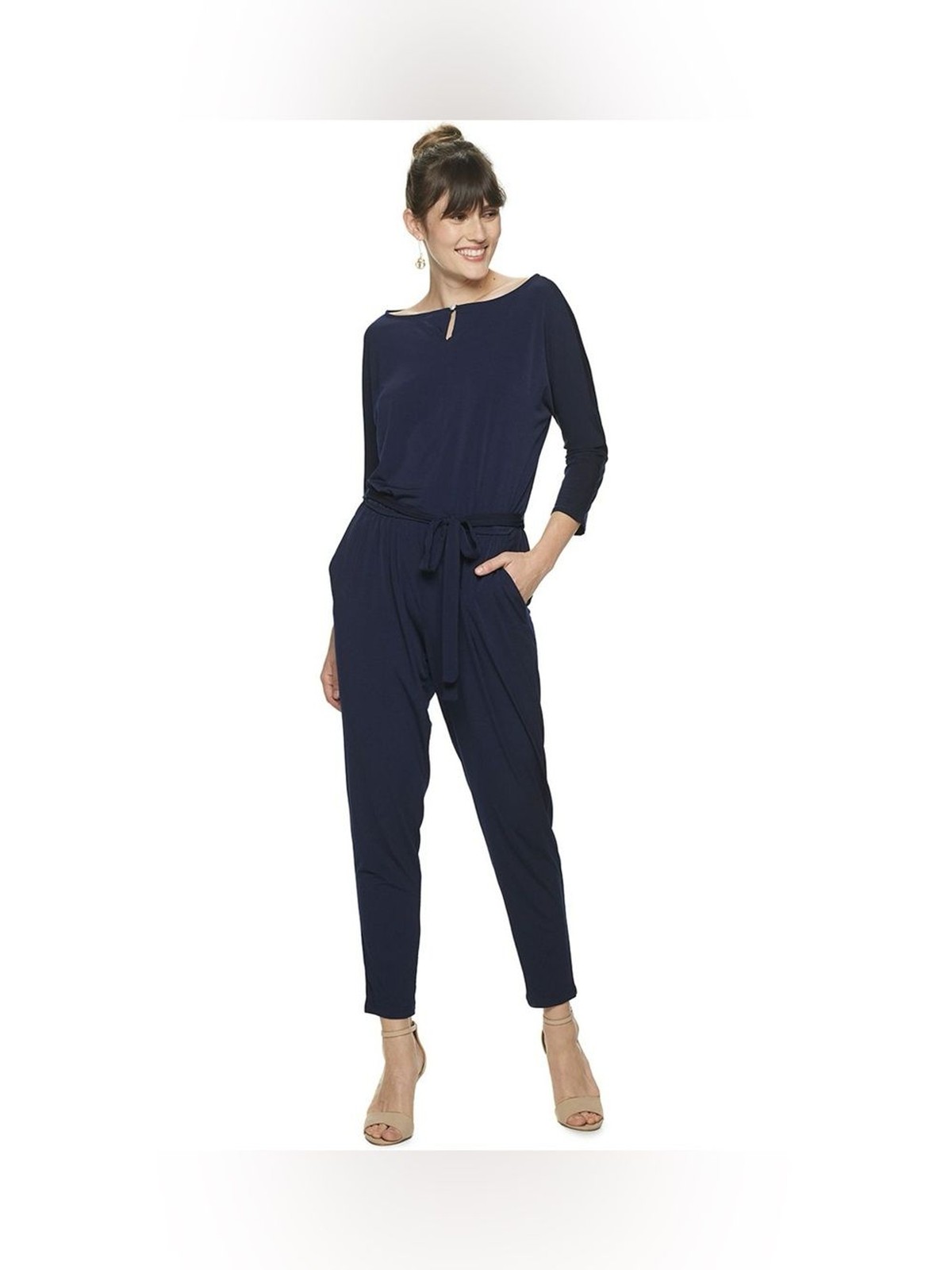 Nina Leonard Ankle Jumpsuit Womens Small Navy Blue Lightweight Stretch Belt NWT