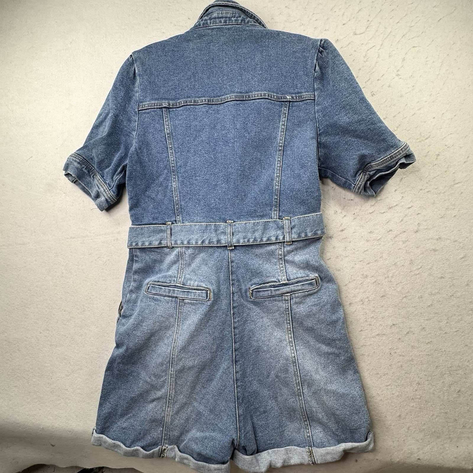 Avec Les Filles Denim Shorts Belted Romper Button-Up Jean Jumper Women’s Medium