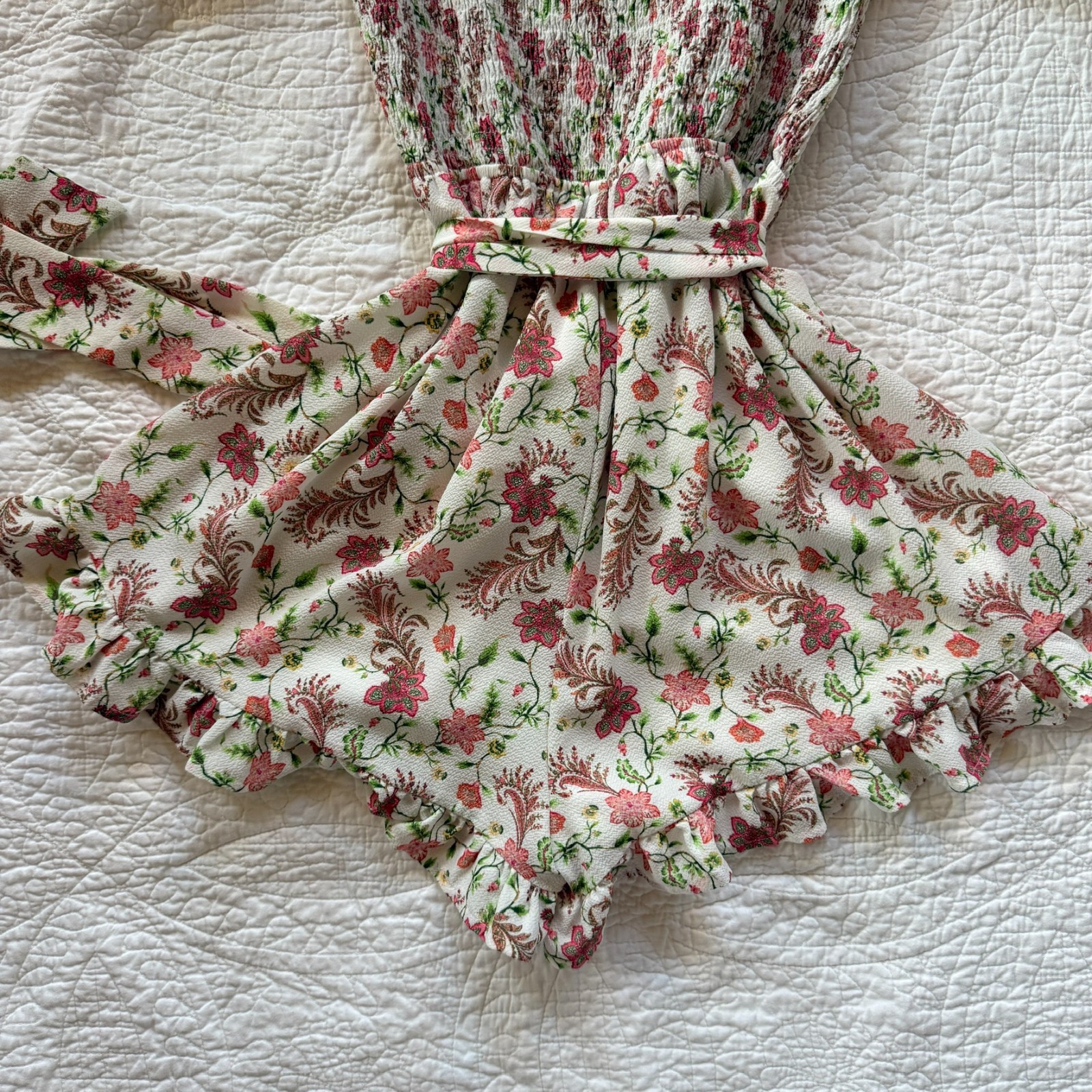 Anthropologie Flying Tomato Floral Smocked Tie Waist Ruffle Shorts Romper Size S