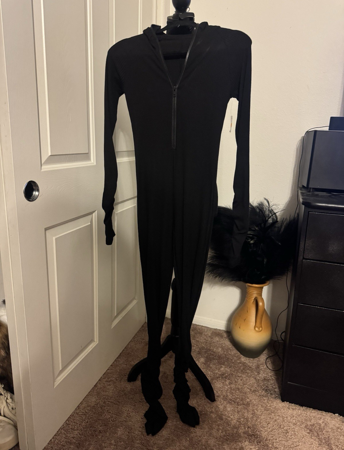 Women’s Black Solid Zip Front Long Sleeve Catsuit One-Piece Regular Size S