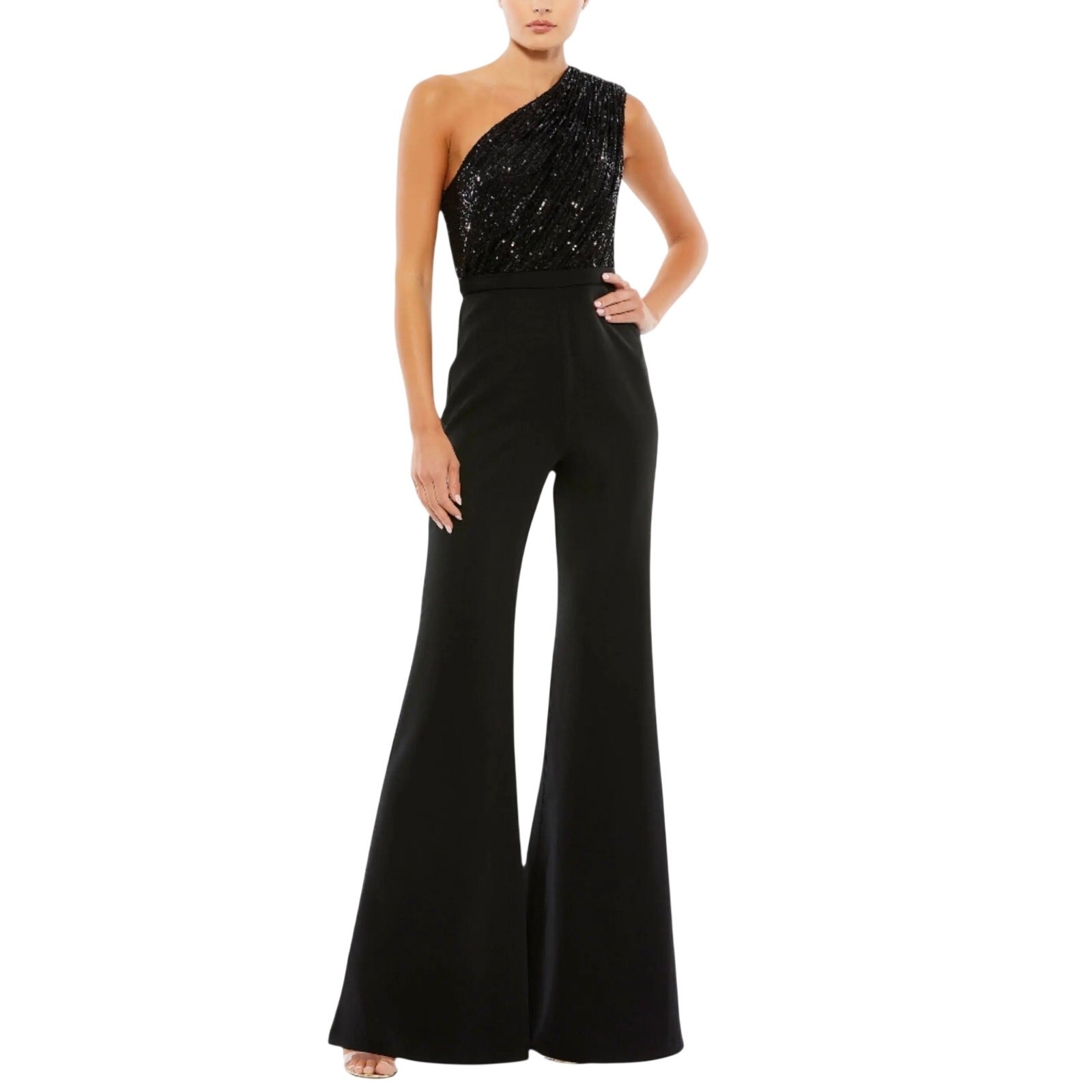 Mac Duggal 26716 Black Jumpsuit Sequined One Shoulder Flared Leg Pant Size 4