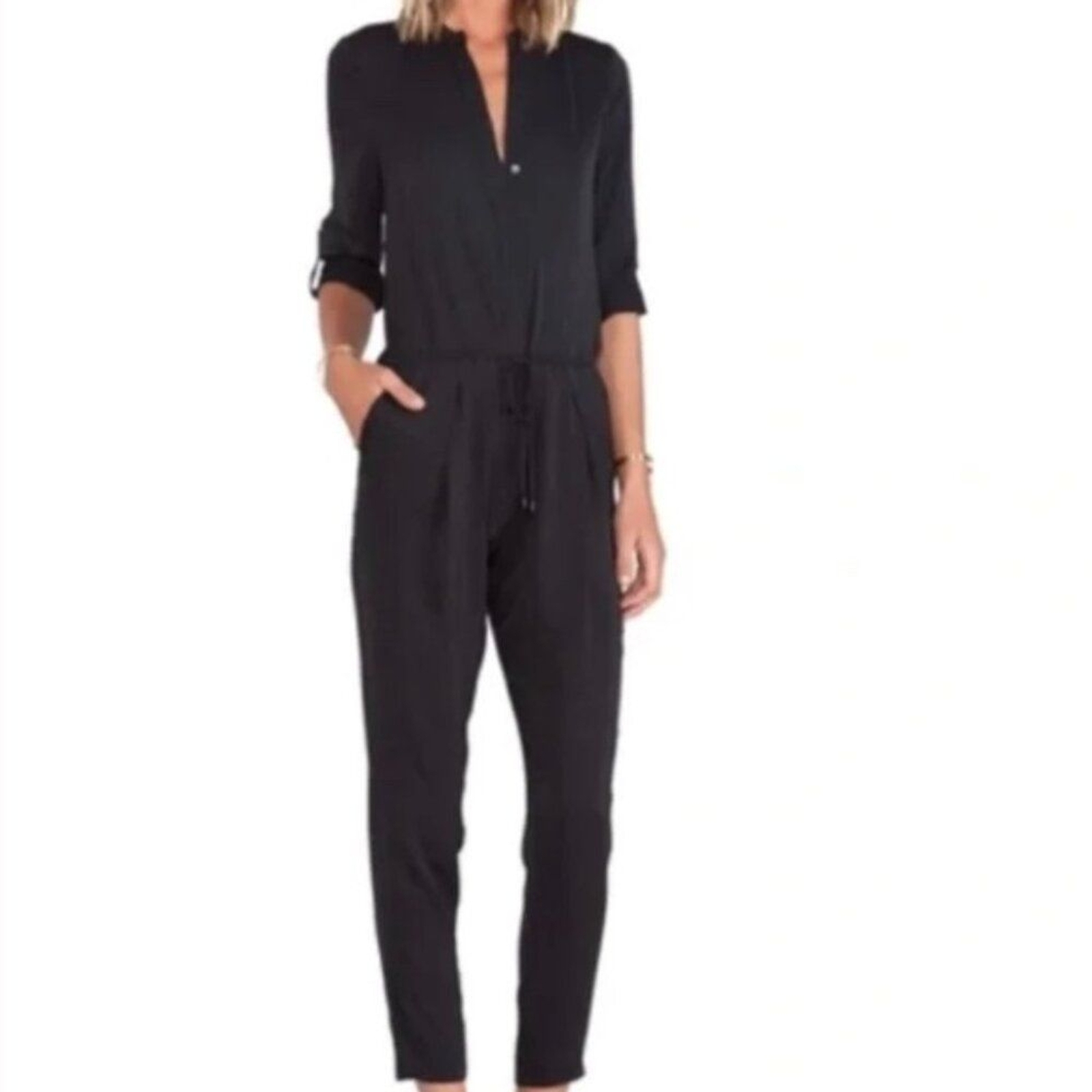 Vince Black Long Sleeve Classic Jumpsuit Defined Waist Straight Leg Size 0 Women