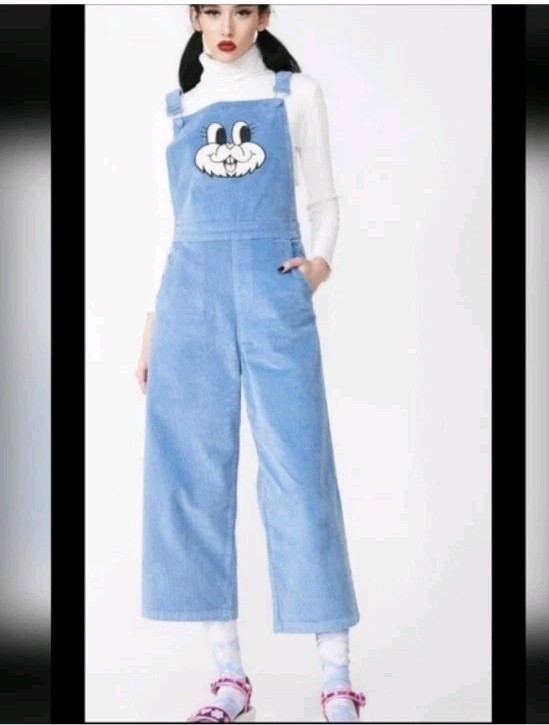 Lazy Oaf Blue Corduroy Rabbit Cartoon Overall Jumpsuit Wide-Leg Women’s Size 10