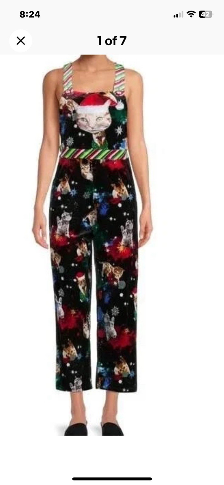 Womens (Jrs) Black Velvet Christmas Kitty Cat Holiday Overalls Jumpsuit 3X Large