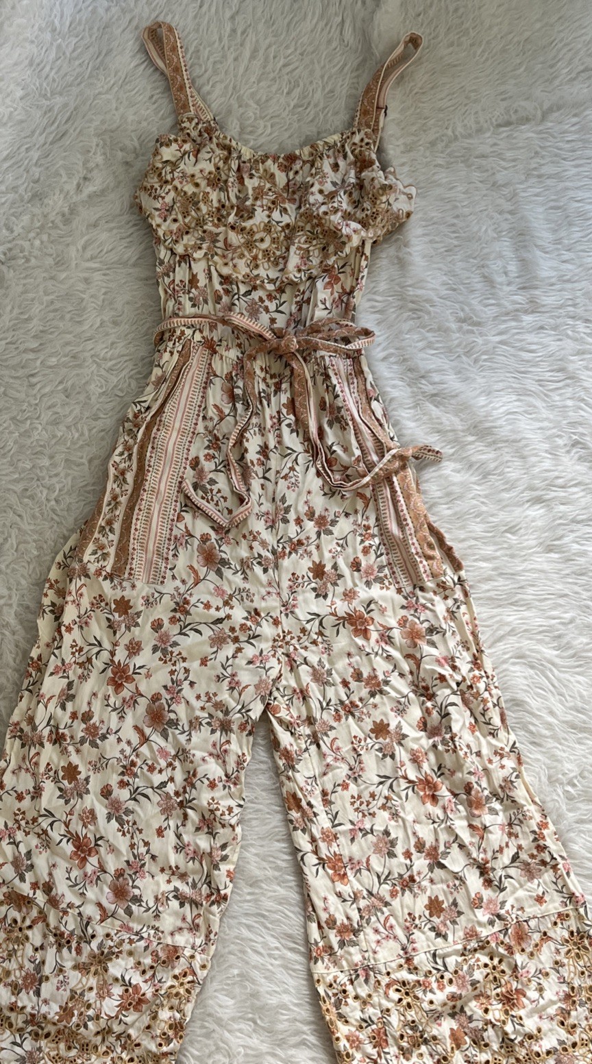 Floral Eyelet Ruffle Wide Leg Jumpsuit Cream Orange 70s inspired Rufflecore Med