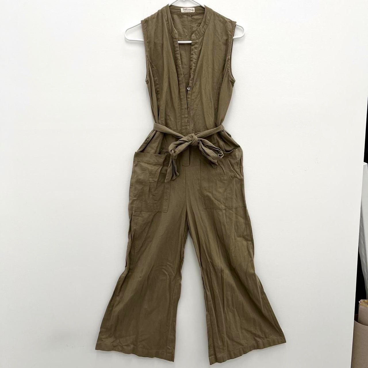 Just Living Size XS Khaki Linen Blend Jumpsuit Relaxed One Piece With Pockets