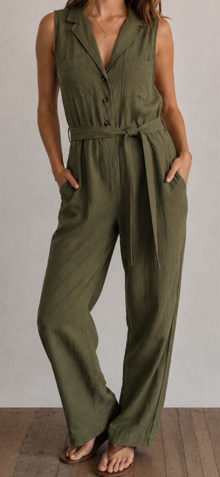 Nicole Miller Linen Lyocell Olive Green Belted Wide Leg Jumpsuit Size 6 Pockets