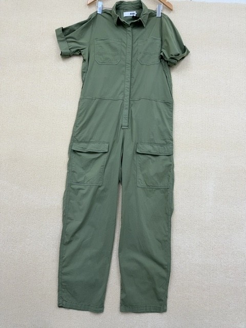 Reiko Green Worker Jumpsuit M Short Sleeve Cargo Pockets Cotton Elastane