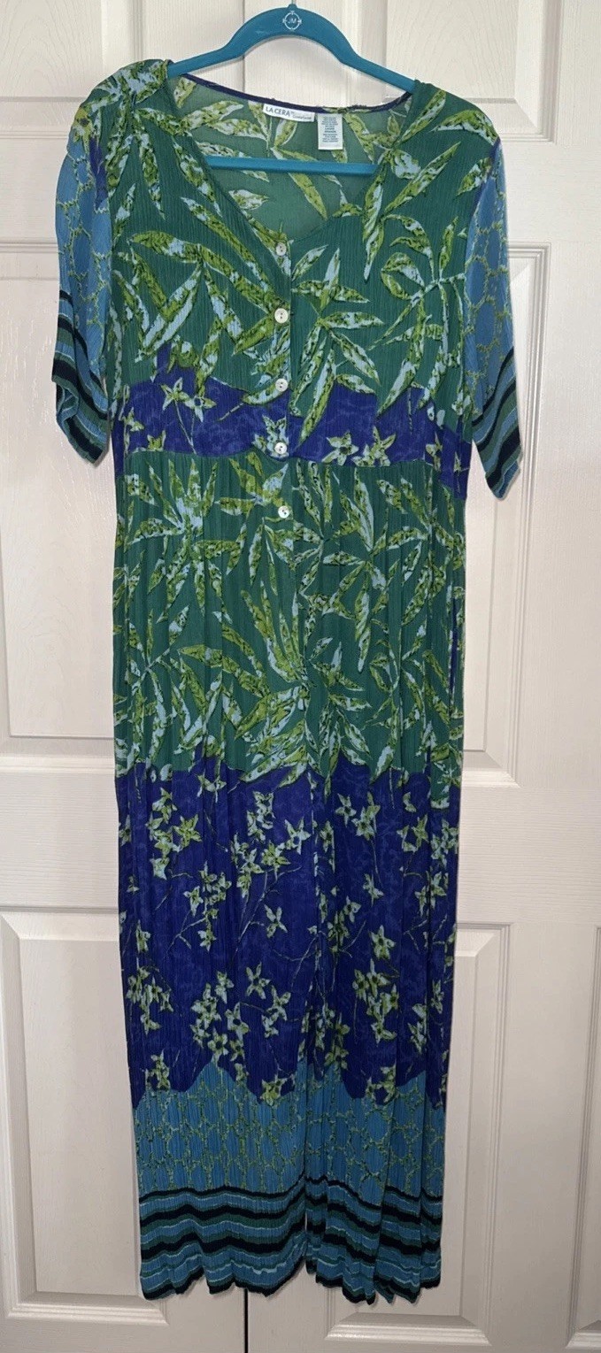 La Cera Comfort Wear Rayon Colorful Loose Fit Palazzo Jumpsuit w/ Pockets Sz L