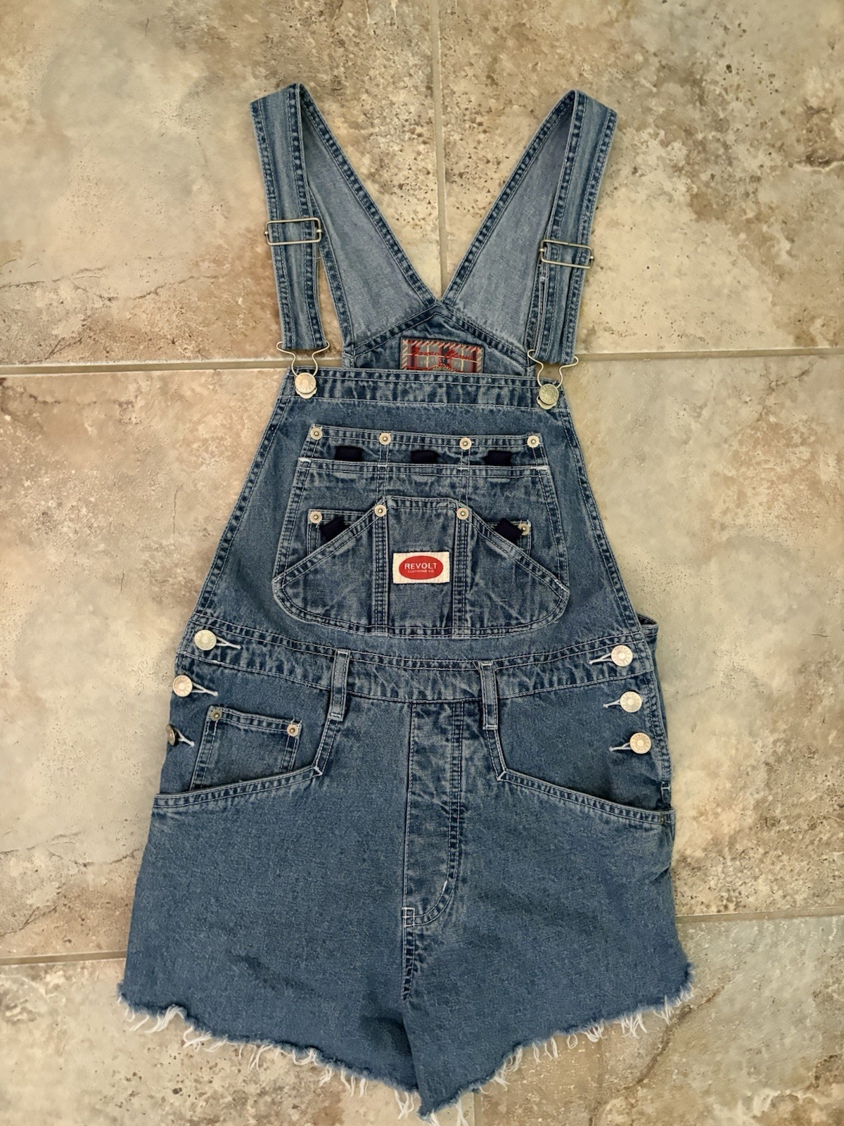 REVOLT Vintage 90’s Bib Overalls Logo Pockets Denim Shorts Adjustable Medium