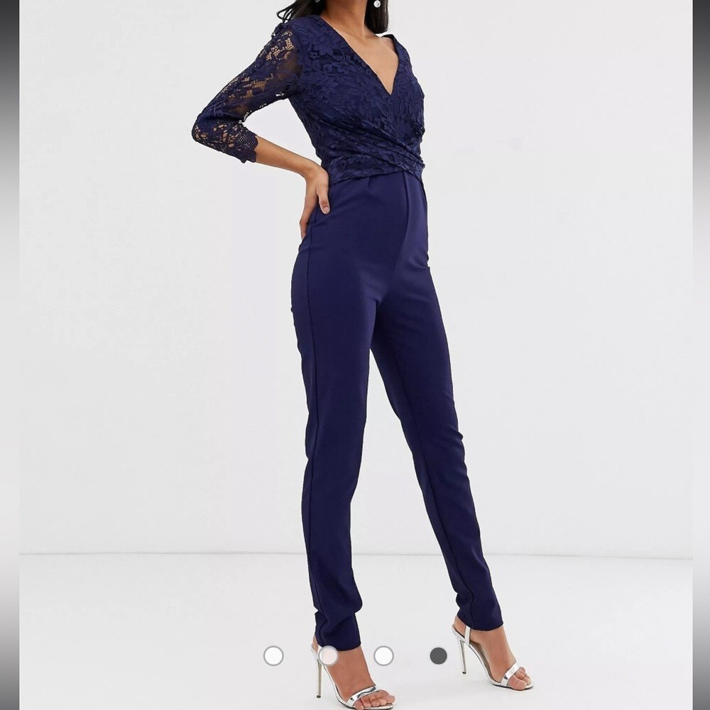 NEW Navy Blue Lace Jumpsuit 2 Tall euro 34 3/4 longsleeve NWT sz XS catsuit Chic