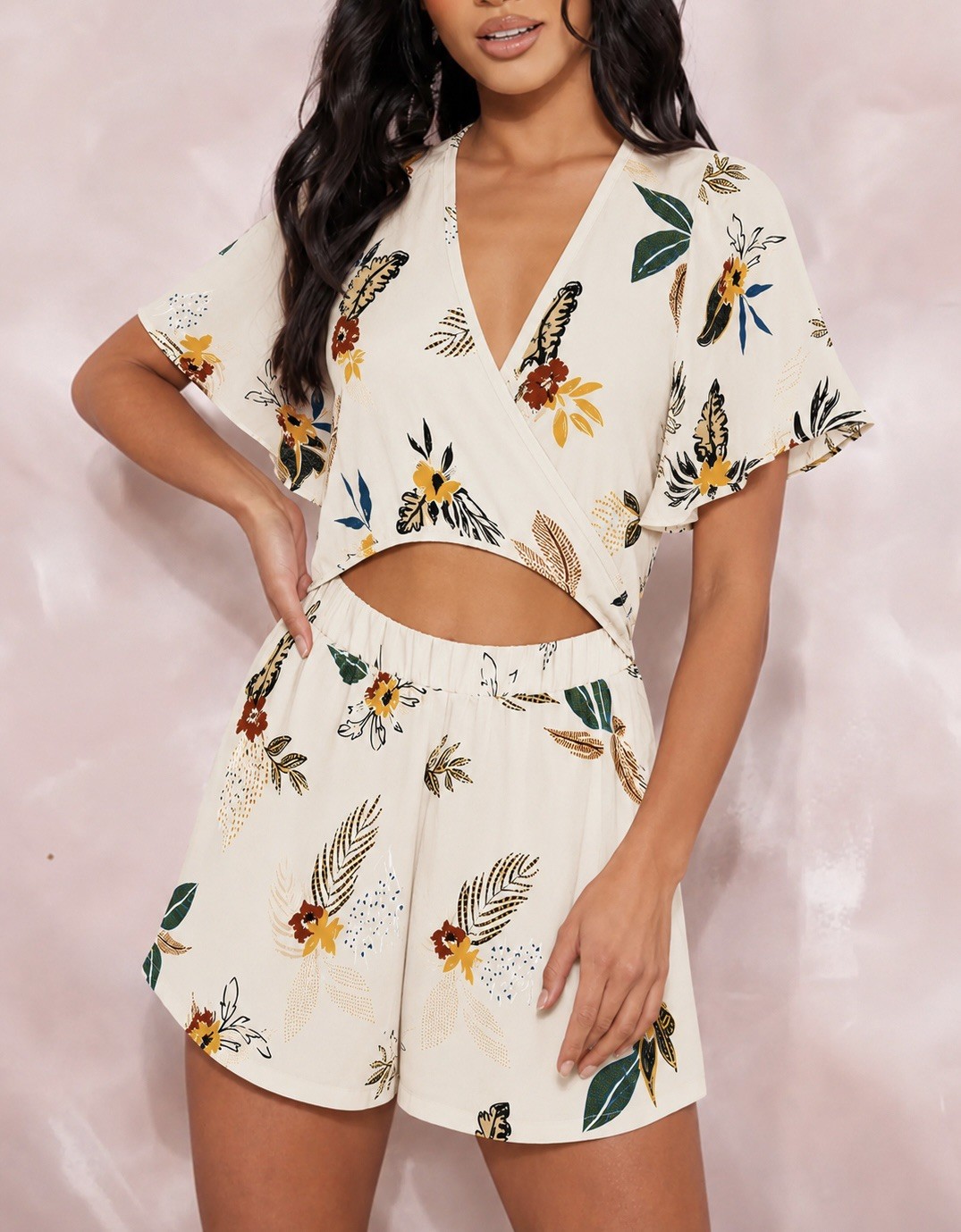 NWT Nasty Gal Collection Playsuit Romper Cream Floral Cut Out Size S/M