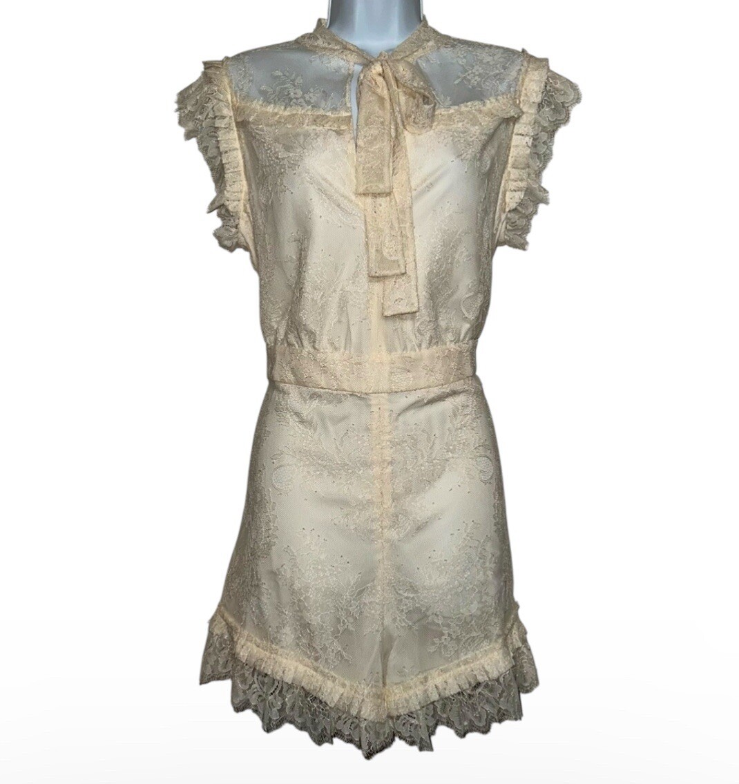Alexis Women’s Cream White Aurelia Chantilly Lace Neck Bow Keyhole Romper- XL