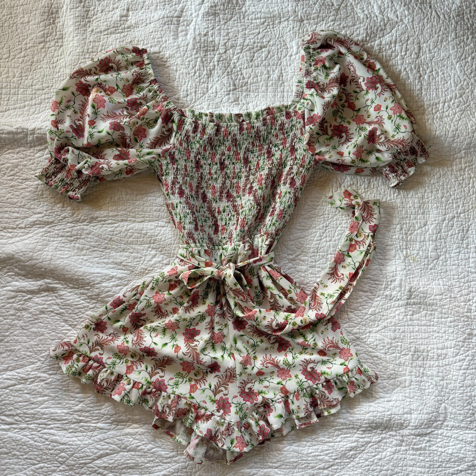 Anthropologie Flying Tomato Floral Smocked Tie Waist Ruffle Shorts Romper Size S