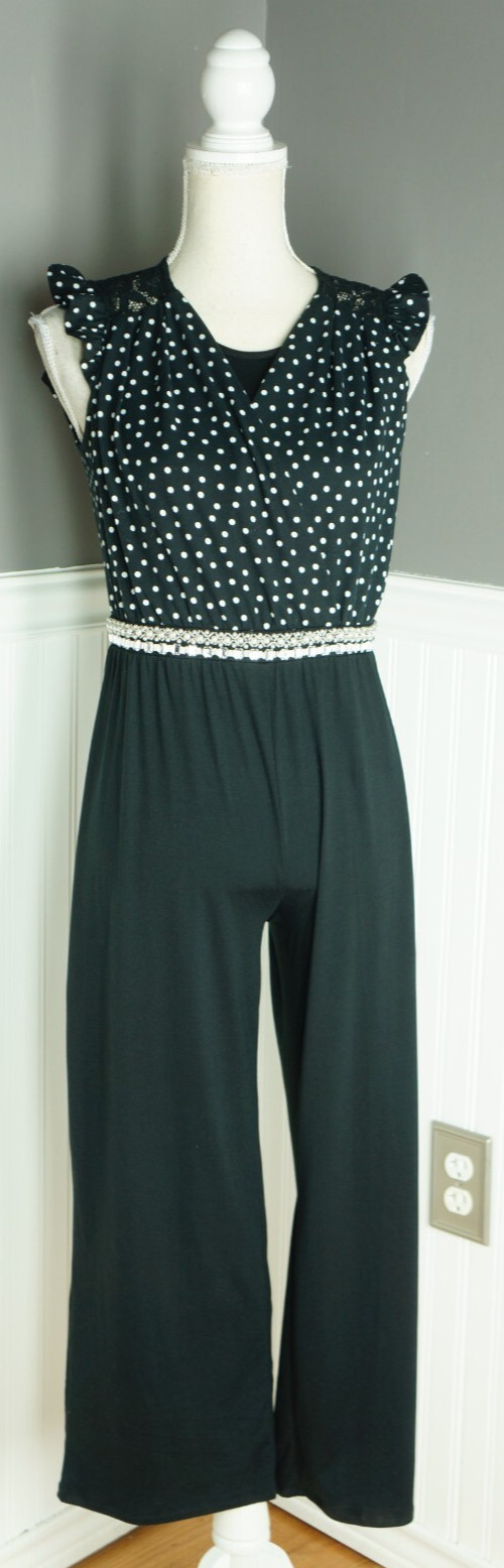 Monteau Los Angeles Jumpsuit Juniors XL Black White Poka Dot Romper Jumper NWT