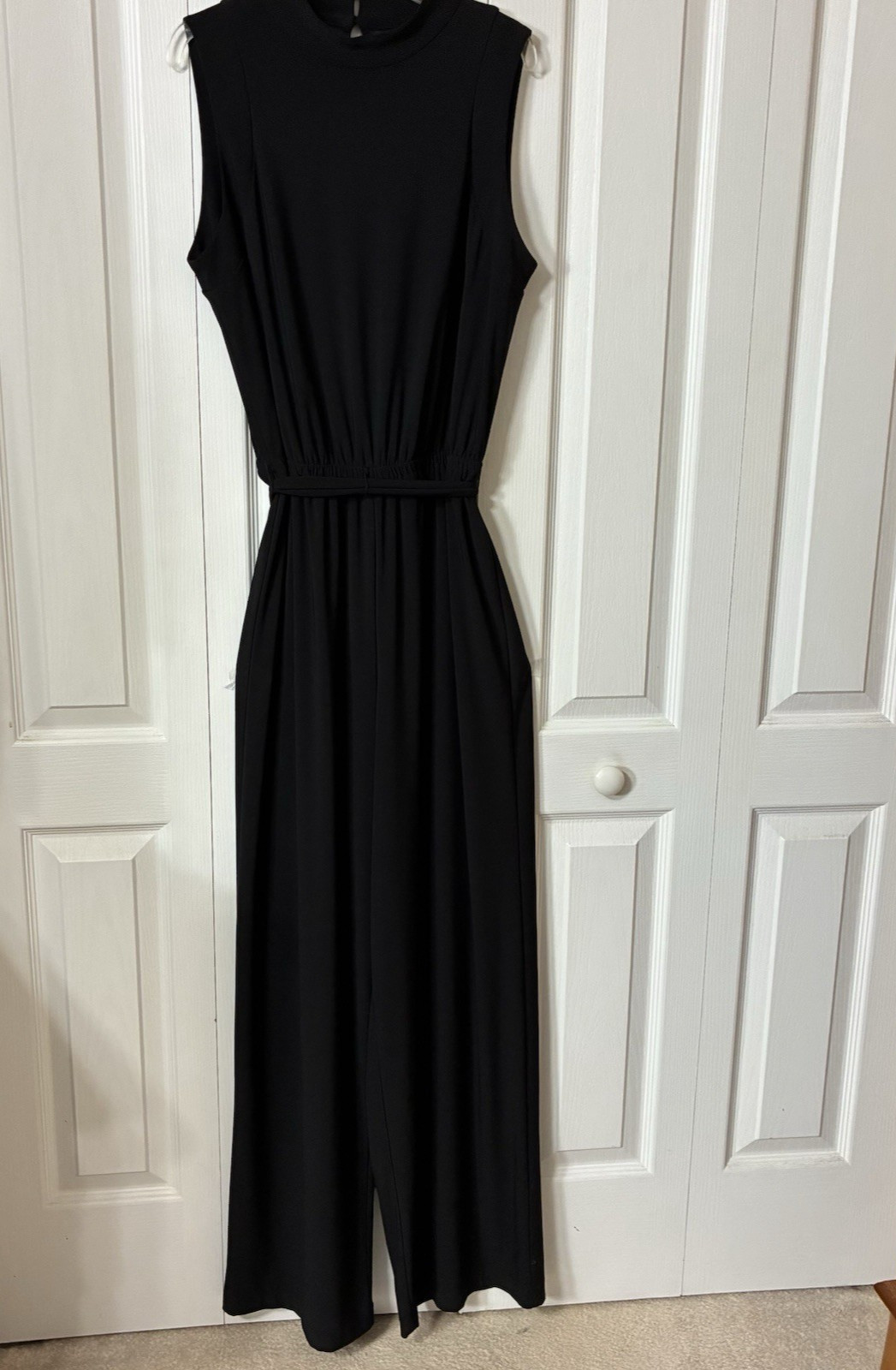 Emma & Michele Mock Neck Cap Sleeve Draped Belt Black Sz M Keyhole Back Jumpsuit