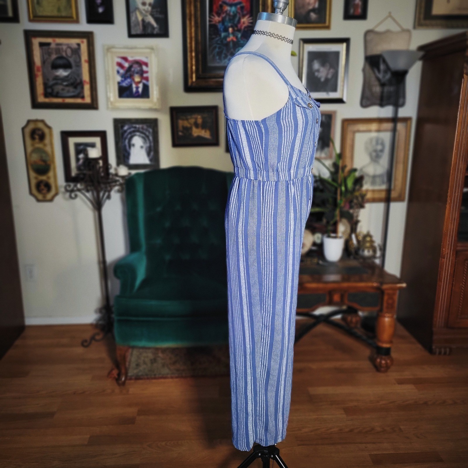 No Comment Jumpsuit Blue White Striped Wide Leg Button Front Girls XL 16 Small